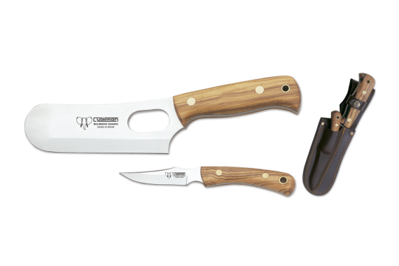 Cudeman Survival Axe / Hatchet & Knife Set with 15 cm Molybdenum Vanadium Steel Blade & Olive Wood Handle + Brown Leather Sheath