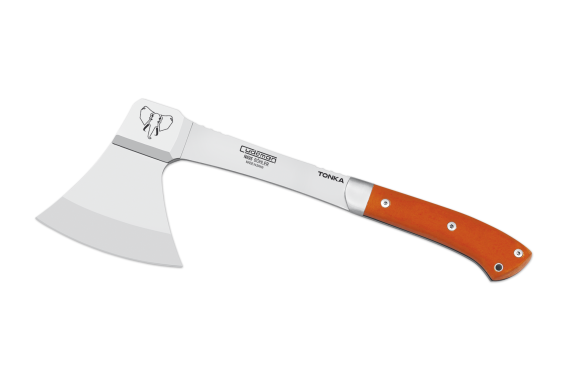 Cudeman Survival Axe / Hatchet with 37 cm N695 Böhler Steel Blade & Orange G10 Handle + Black Leather Sheath