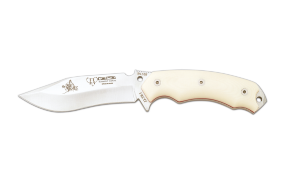 Cudeman Tactical & Survival Knife with 12 cm Molybdenum Vanadium Steel Blade & White Micarta Handle + Brown Leather Sheath