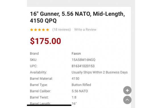 Faxon Ar15 Barrel 5.56 Nato - 16\" 1:8 Gunner Profile Blk