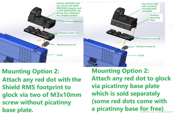 PICATINNY RAIL Mount for Glock 17 19 + Screw Hole for Shield RMS Footprint